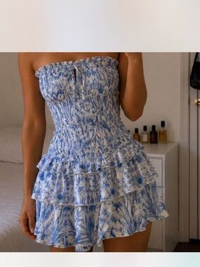 Blue & White Floral Smocked Ruffle Mini Dress